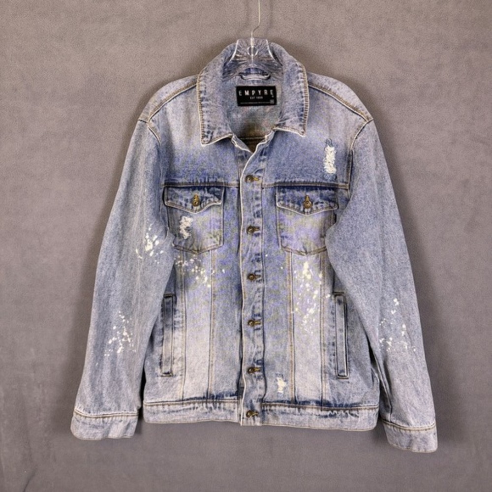 Empyre Mens‎ M Jean Jacket Blue Medium Wash Denim Bleach Splatter Distressed